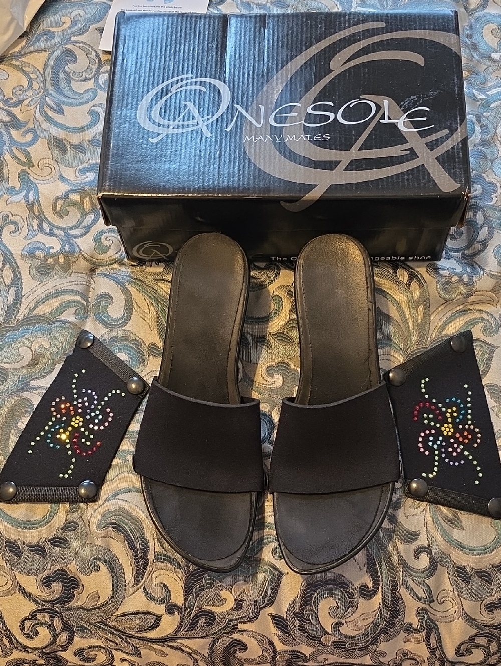 Onesole Black Slide Mules with Removable Rhinestone-Strap Accents